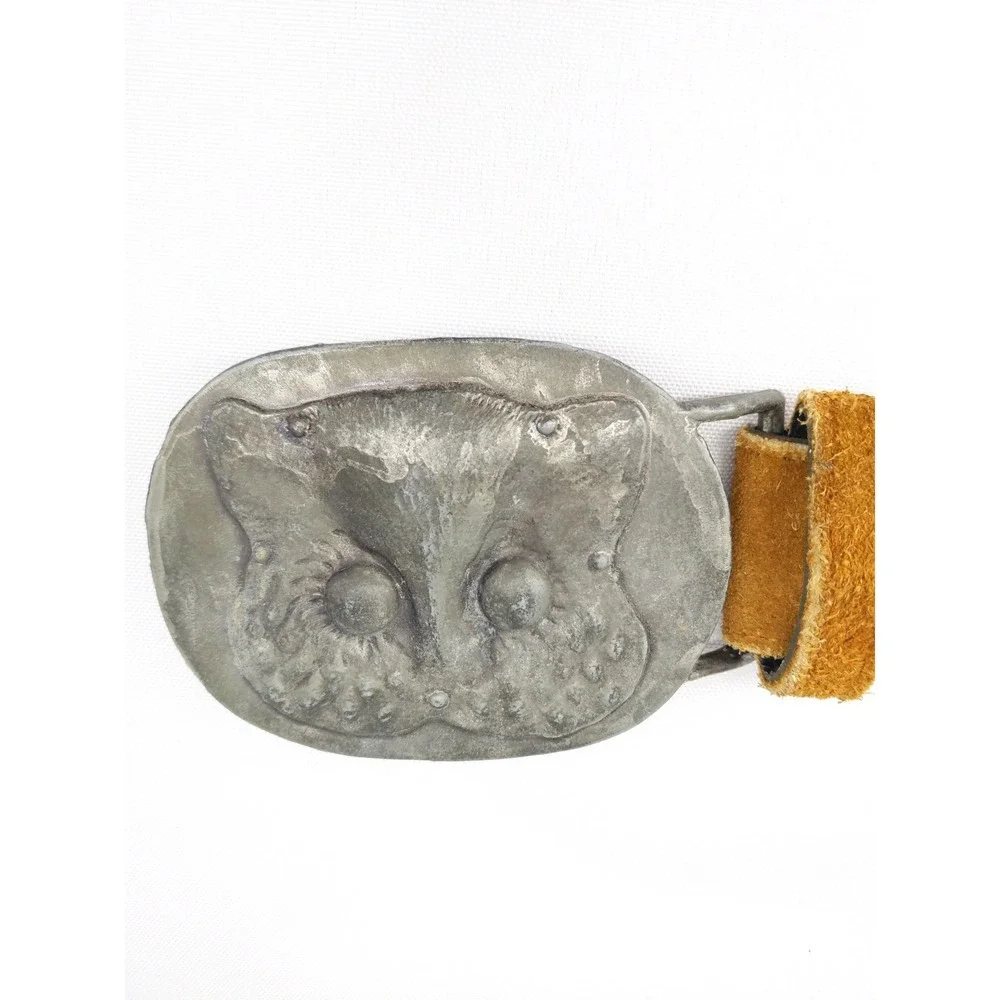 vtg Pewter Face Buckle‎ Russ w/Suede Belt Owl Creature Mask Creations